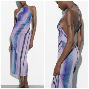 Zara Printed Tulle Mesh Halter Top Open Back Bodycon Midi Dress